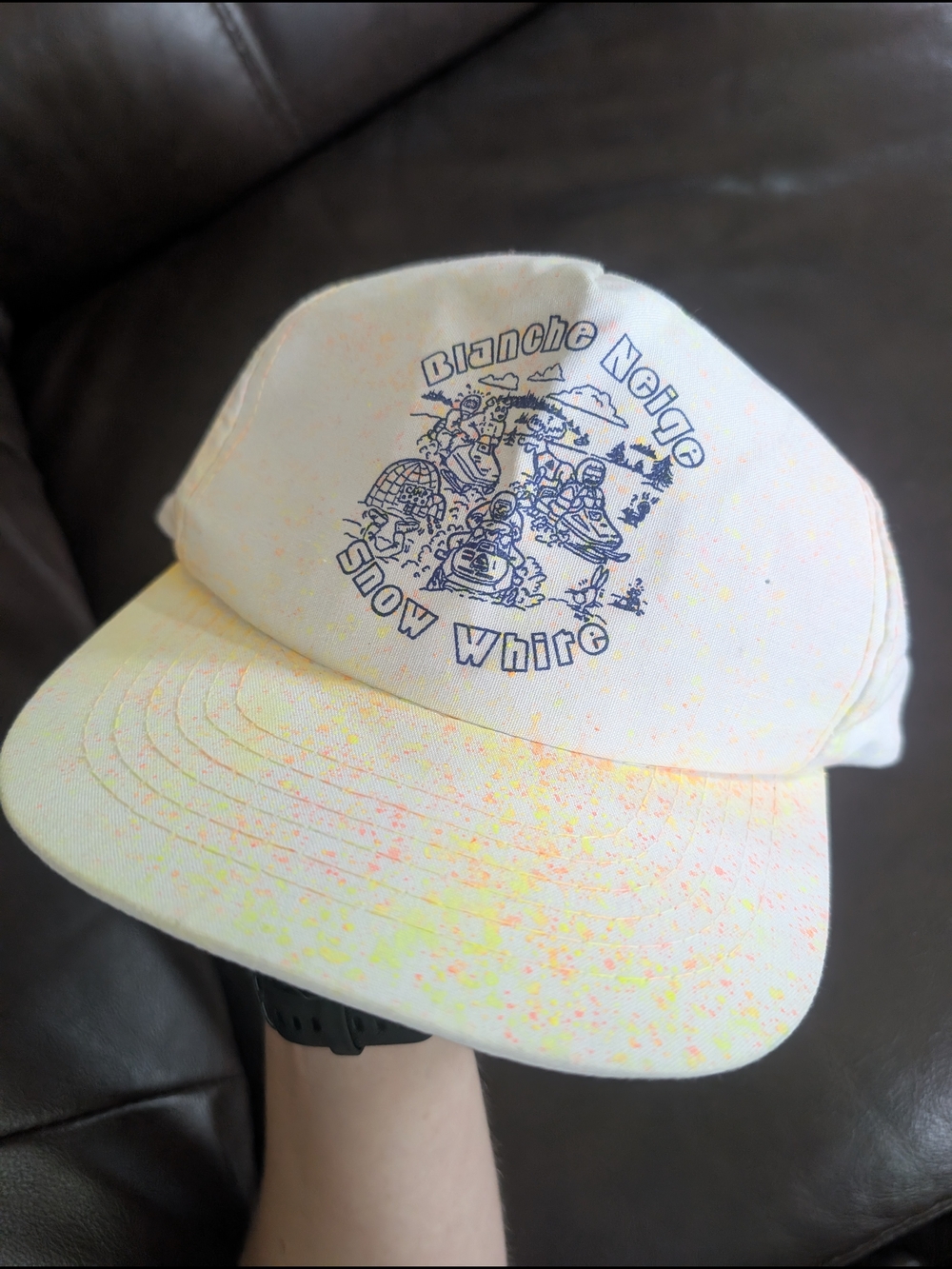 Vintage Snowmobile Snow White ❄️ Blanche Neige Graphic Neon Splatter Trucker Hat